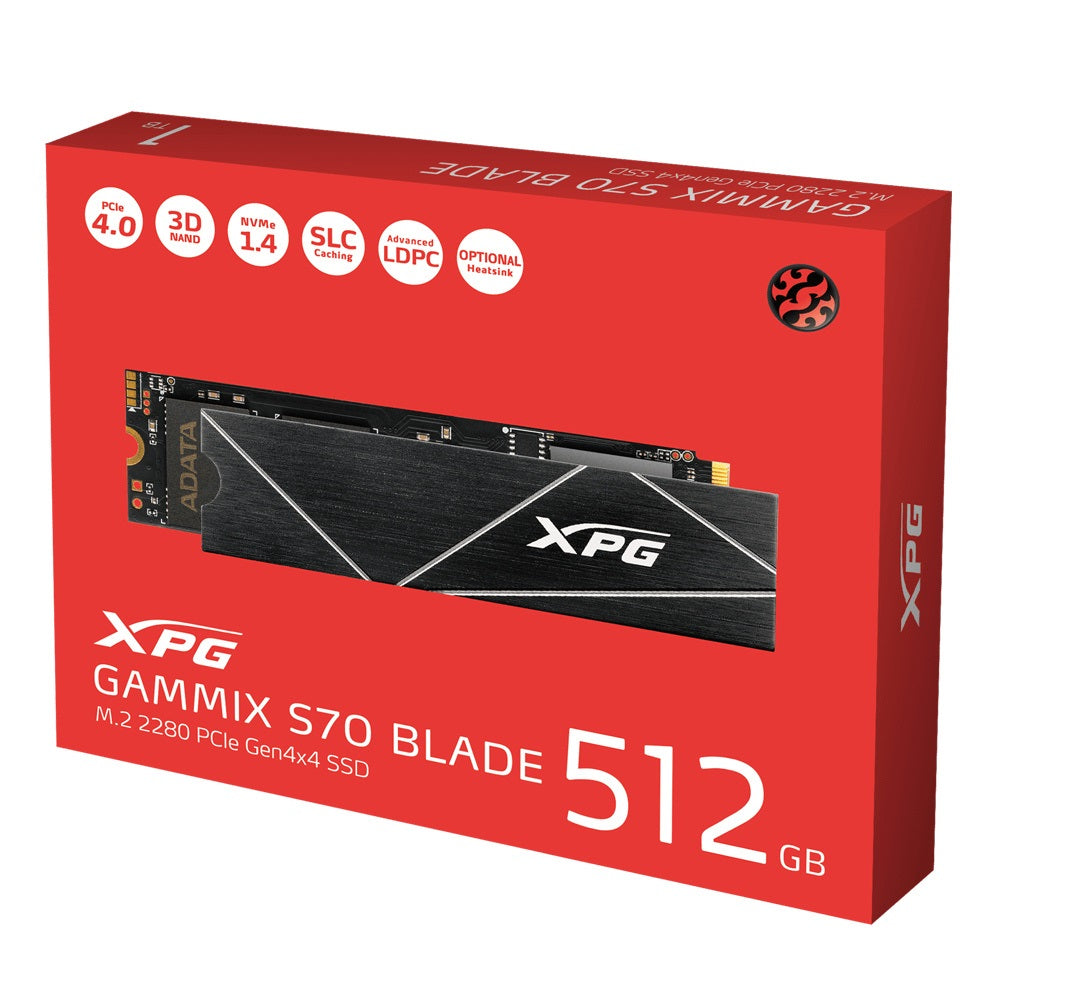 UNIDAD DE ESTADO SOLIDO SSD INTERNO XPG GAMMIX S70 BLADE 512GB M.2 2280 NVME PCIE GEN 4X4 LECT.7400 ESCRIT. 6100 MBS 3DNAND PC LAPTOP MINIPC CON DISIPADOR GAMER (AGAMMIXS70B-512G-CS)