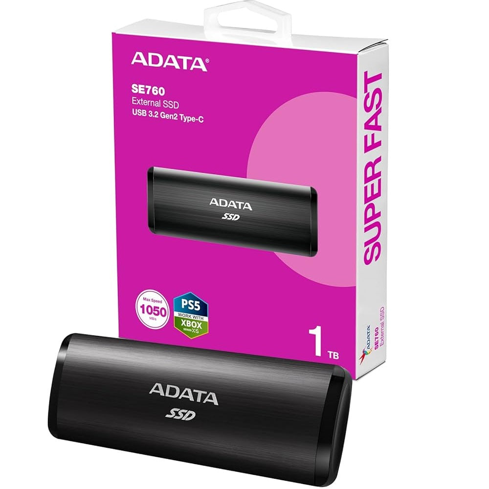 UNIDAD DE ESTADO SOLIDO SSD EXTERNO ADATA SE760 1TB PORTATIL USB 3.2 TIPO C WINDOWS MAC LINUX ANDROID PS5 XBOX X S COLOR NEGRO (ASE760-1TU32G2-CBK)