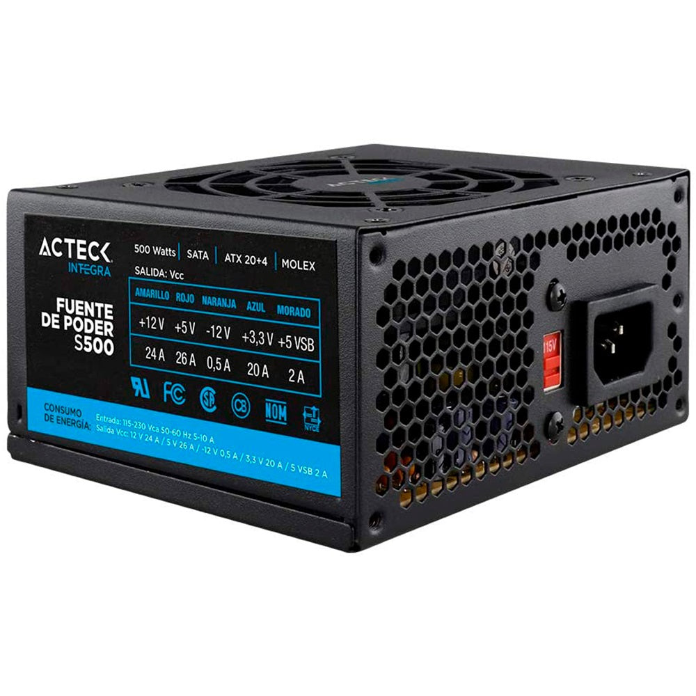 FUENTE DE PODER ACTECK (ES-05002E) FS500E SLIM,500W,SFX,24 PINES,2 SATA,1 MOLEX,VENT 80MM,NEGRO