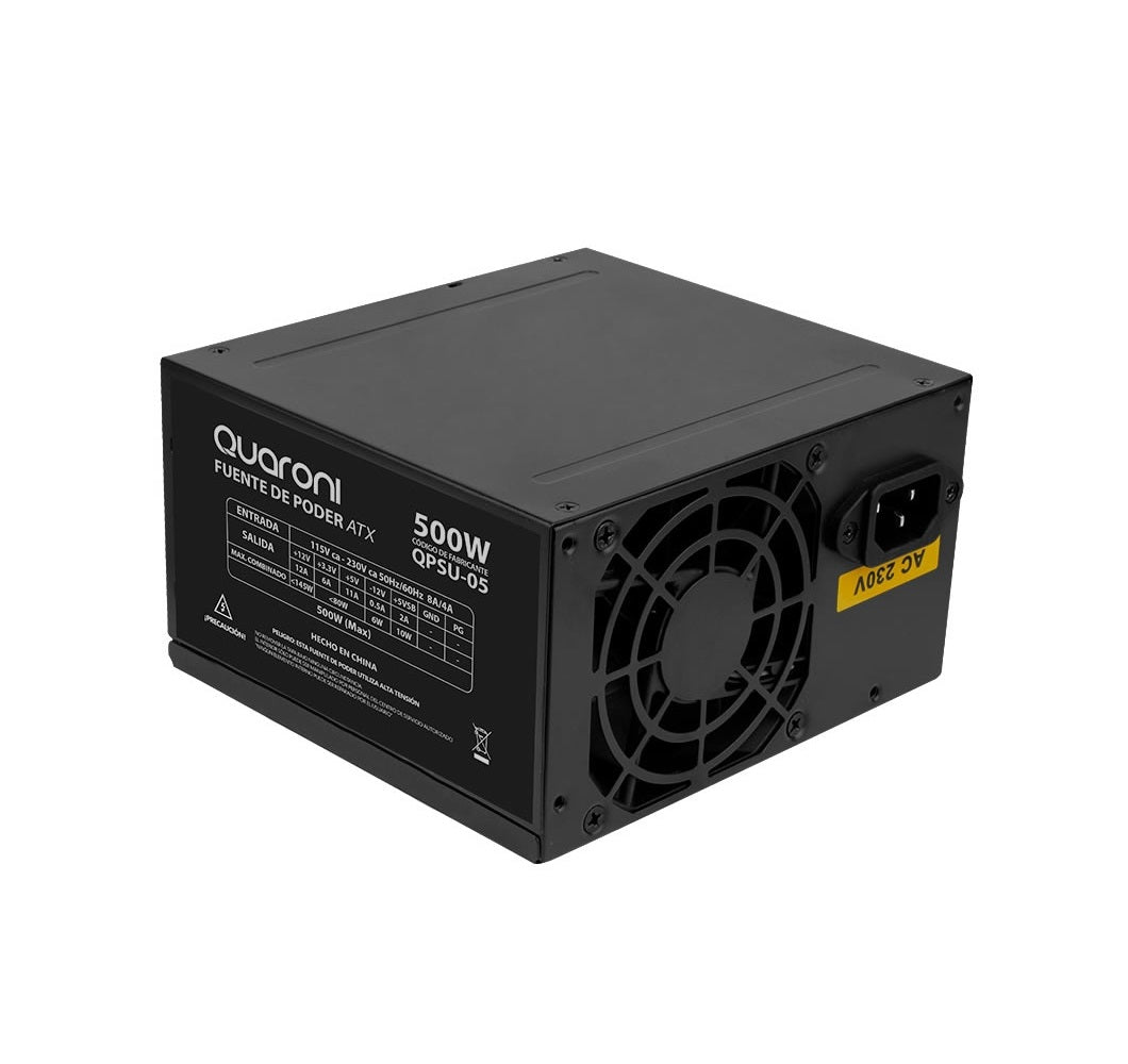 FUENTE DE PODER QUARONI DE 500W/ 24 PINES/ 2SATA/ FILTRO EMC/ 4 PIN P4 / COLOR NEGRO