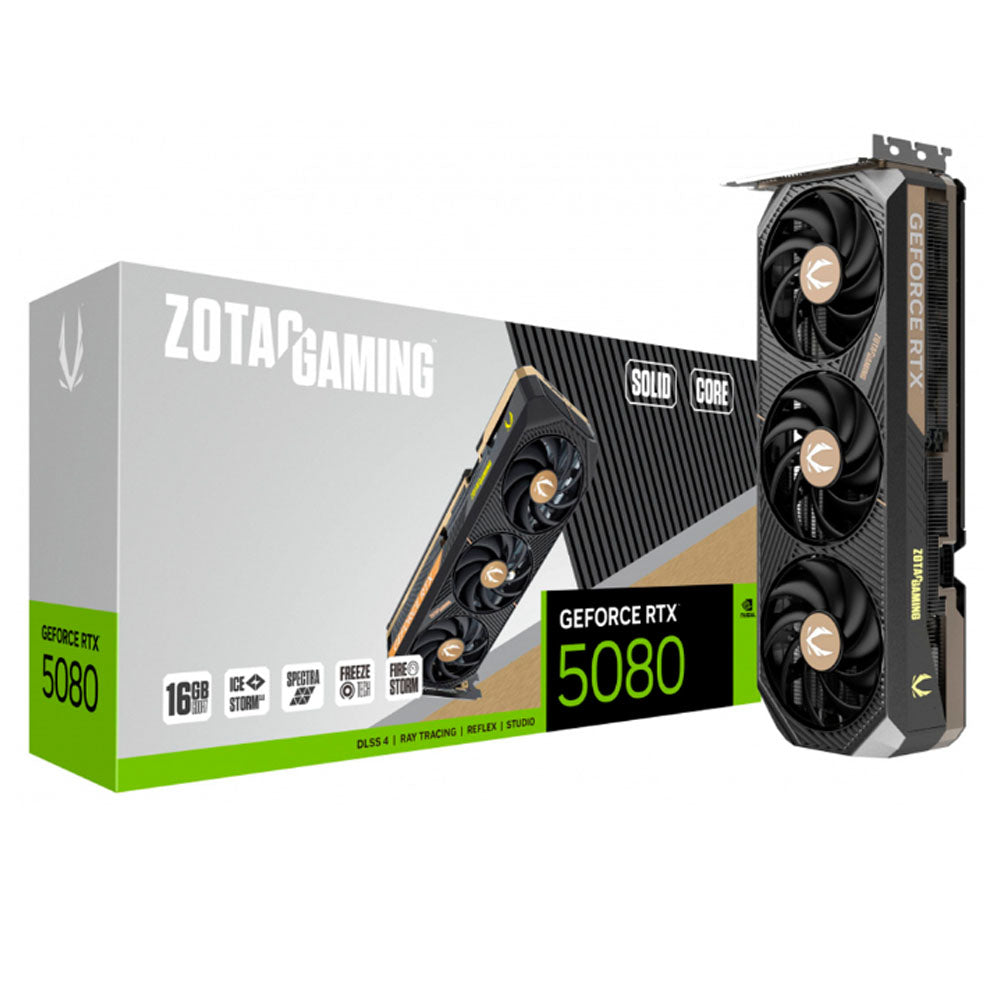 TARJETA DE VIDEO ZOTAC (ZT-B50800D2-10P) RTX 5080 SOLID CORE,16GB GDDR7,2617 MHZ,PCIE 5,3*FAN