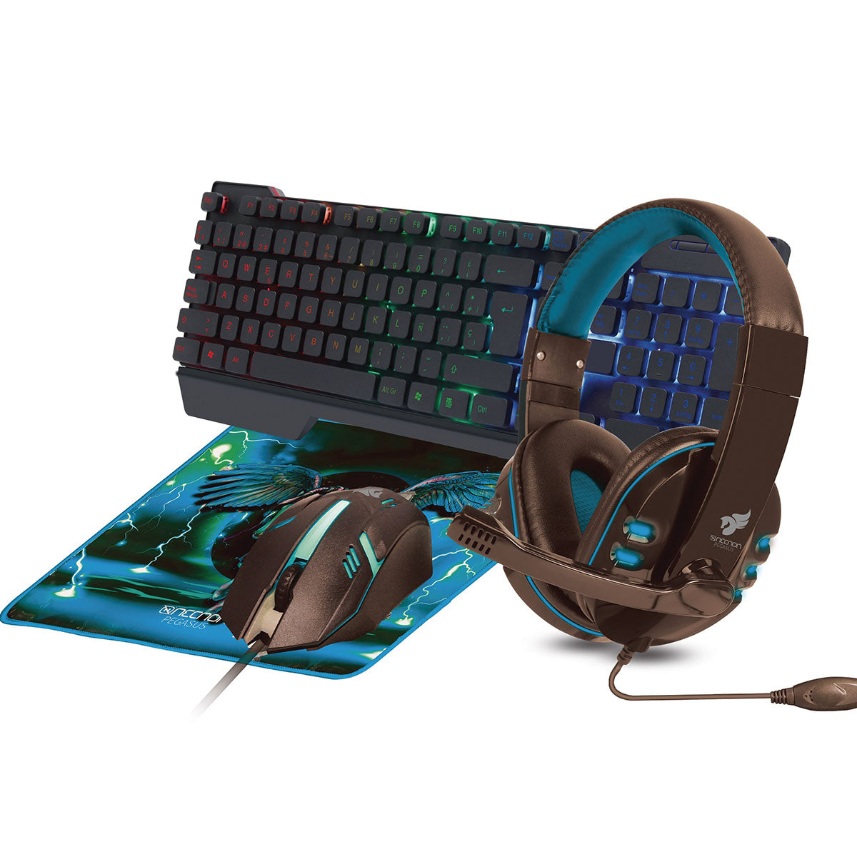 COMBO TECLADO MOUSE MOUSEPAD AURICULARES NECNON (NGC-PEGASUS-AZ) 1000DPI AZUL