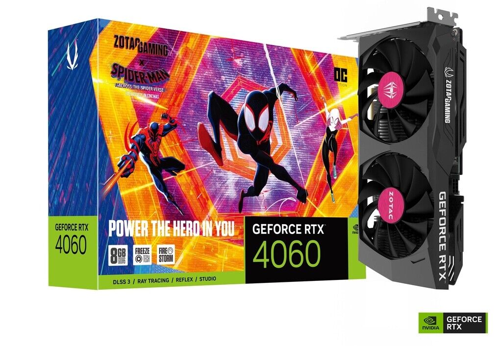 TARJETA DE VIDEO ZOTAC (ZT-D40600P-10SMP) RTX4060OC 8GB,SPIDERMAN,PCI-E 4.0,1*HDMI,3*DP 1.4A,2*FAN