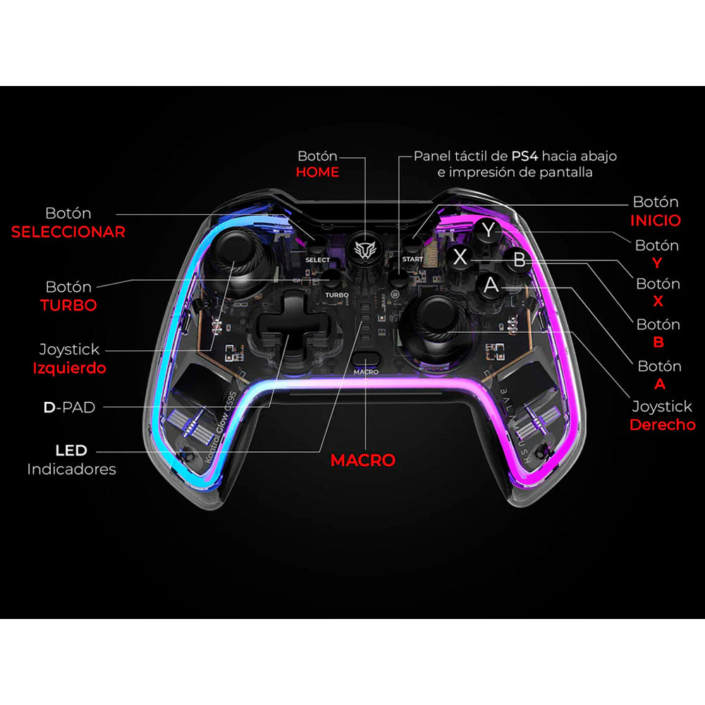 GAMEPAD BALAM RUSH KONTROL GLOW G595 INALAMBRICO BLUETOOTH 5.0 RGB VIBRACION DUAL USB-C TRANSPARENTE BR-936910