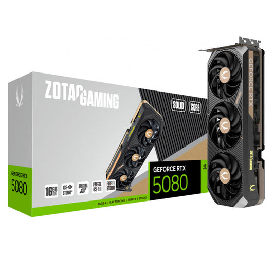 TARJETA DE VIDEO ZOTAC (ZT-B50800D2-10P) RTX 5080 SOLID CORE,16GB GDDR7,2617 MHZ,PCIE 5,3*FAN