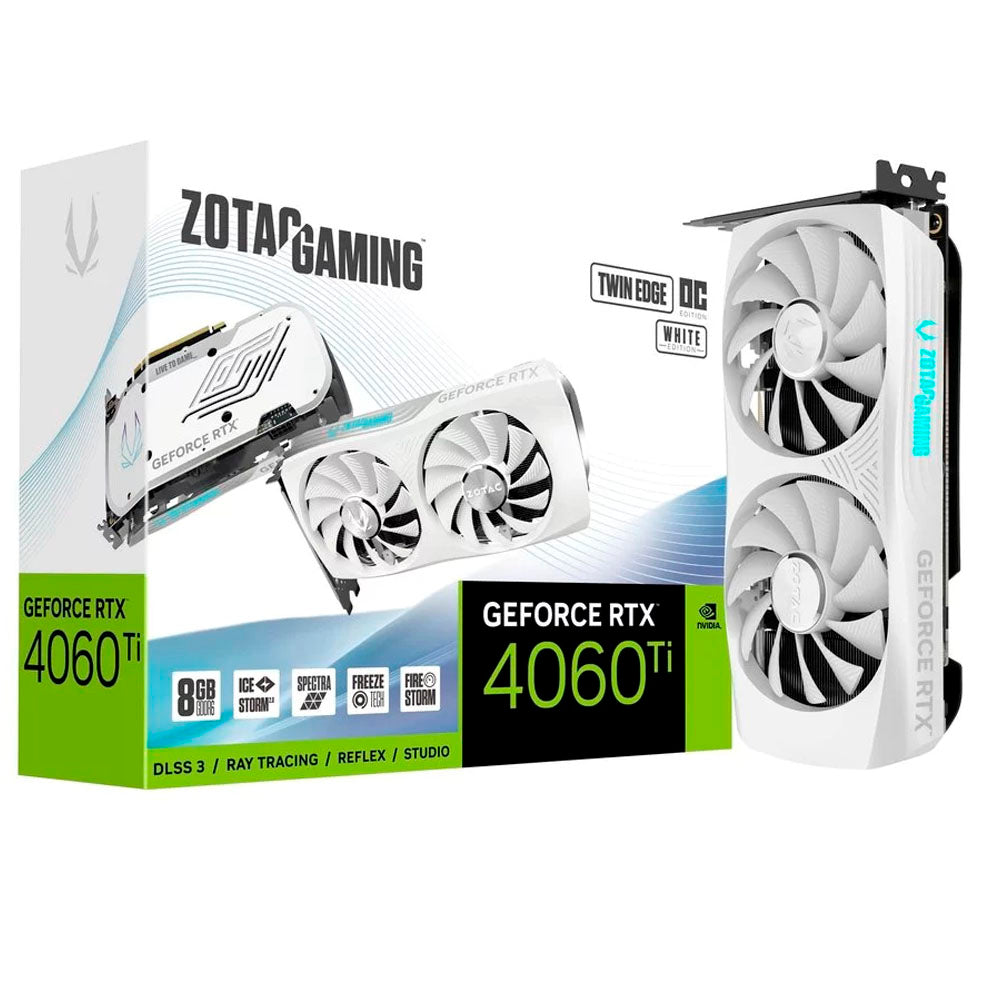 TARJETA DE VIDEO ZOTAC (ZT-D40610Q-10M) RTX4060TI 8GB OC,BLANCO,PCI-E 4.0,1*HDMI,3*DP 1.4A,2*FAN