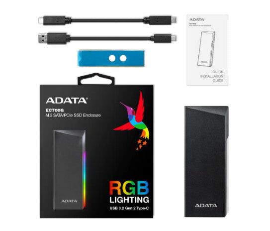 CARCAZA ADATA RGB PARA SSD Y M.2 NEGRO USB C 3.1 AEC700GU32G2 CGY