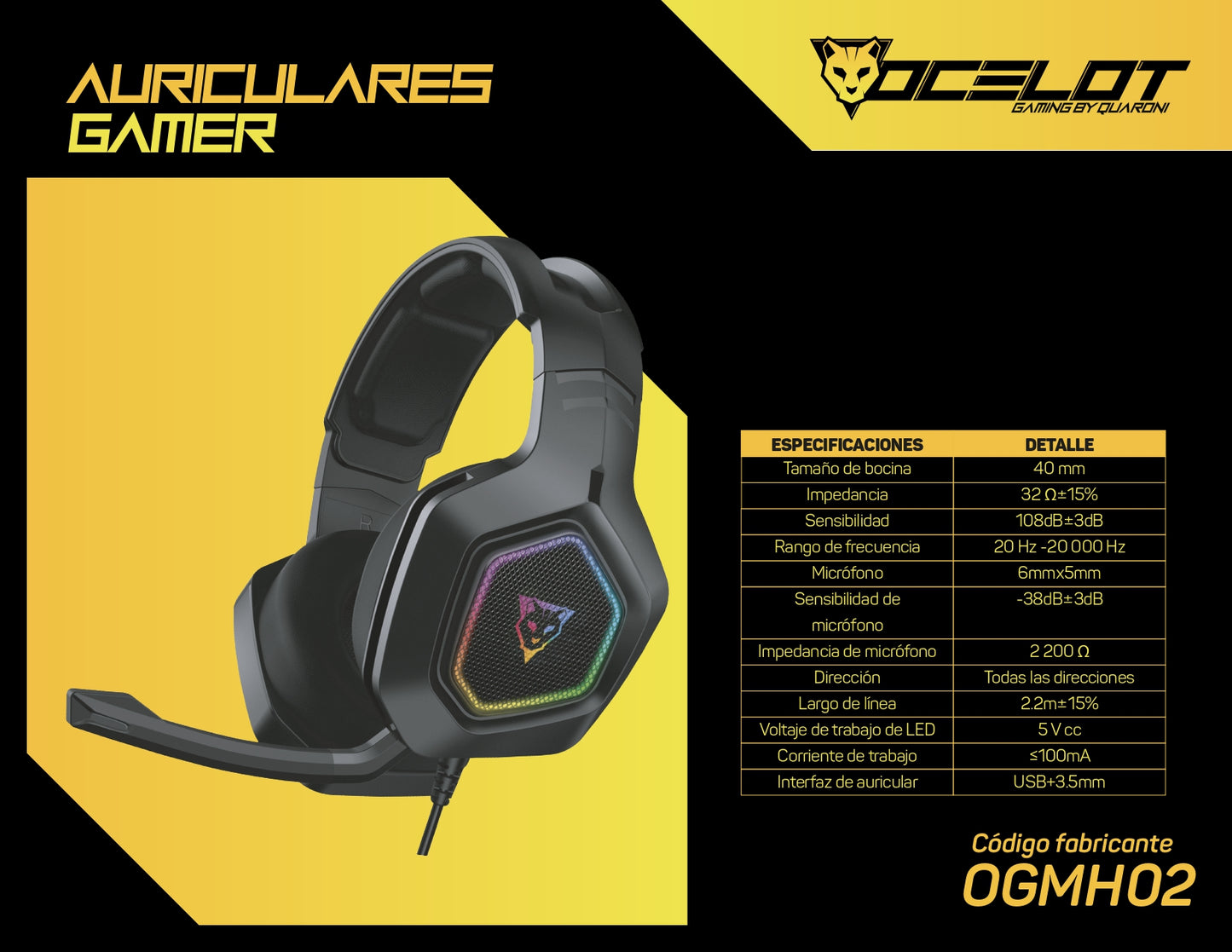 AURICULARES OCELOT OVER-EAR NEGRO RGB REJILLA PC PS4 XBOX ONE SWITCH OGMH02